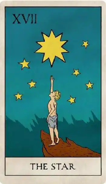 Une carte de tarot. Le nombre 17 y est écrit en chiffres romains. Le fond de la carte est bleu. Le personnage sur la carte essaie de toucher l'étoile au ciel. Il est indiqué "the star".